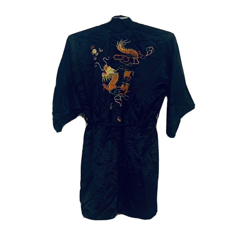 Black Golden Dragon Silk Embroidered Robe Size XL Vintage
